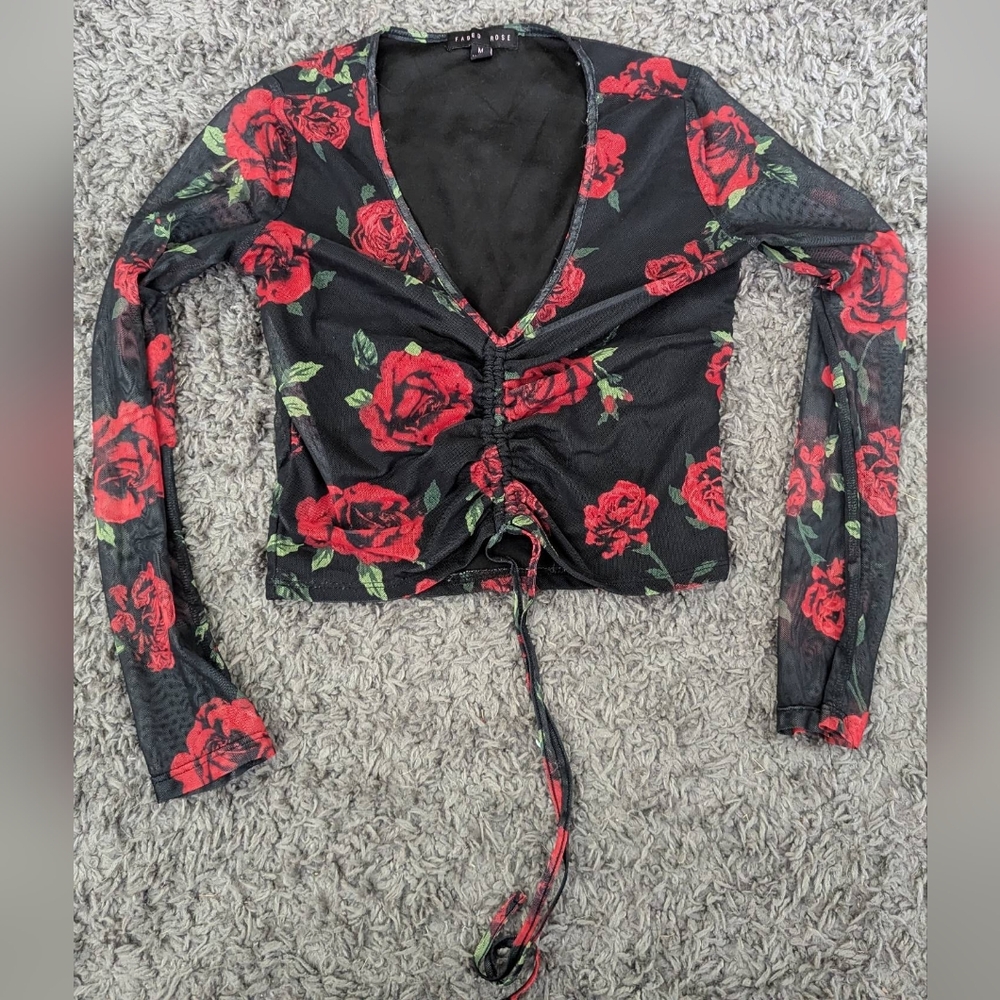 Faded Rose Y2K Mesh Rose Print Rouched Cinched Crop Top (M) 90s